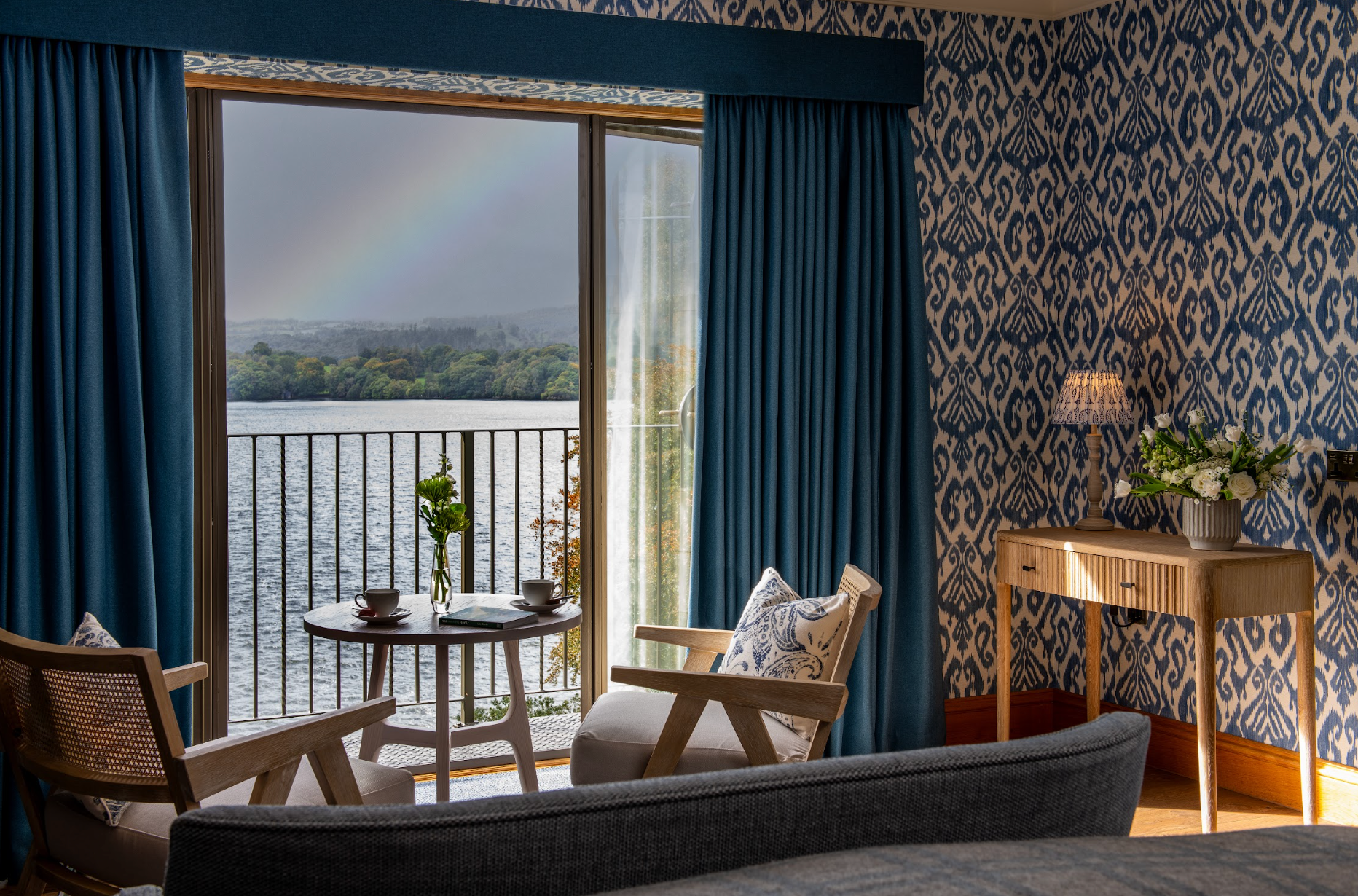 Bedroom seating with a lake view