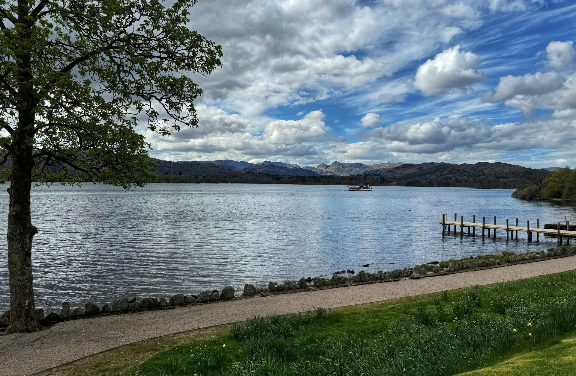 lake view with trees, pier, and boat